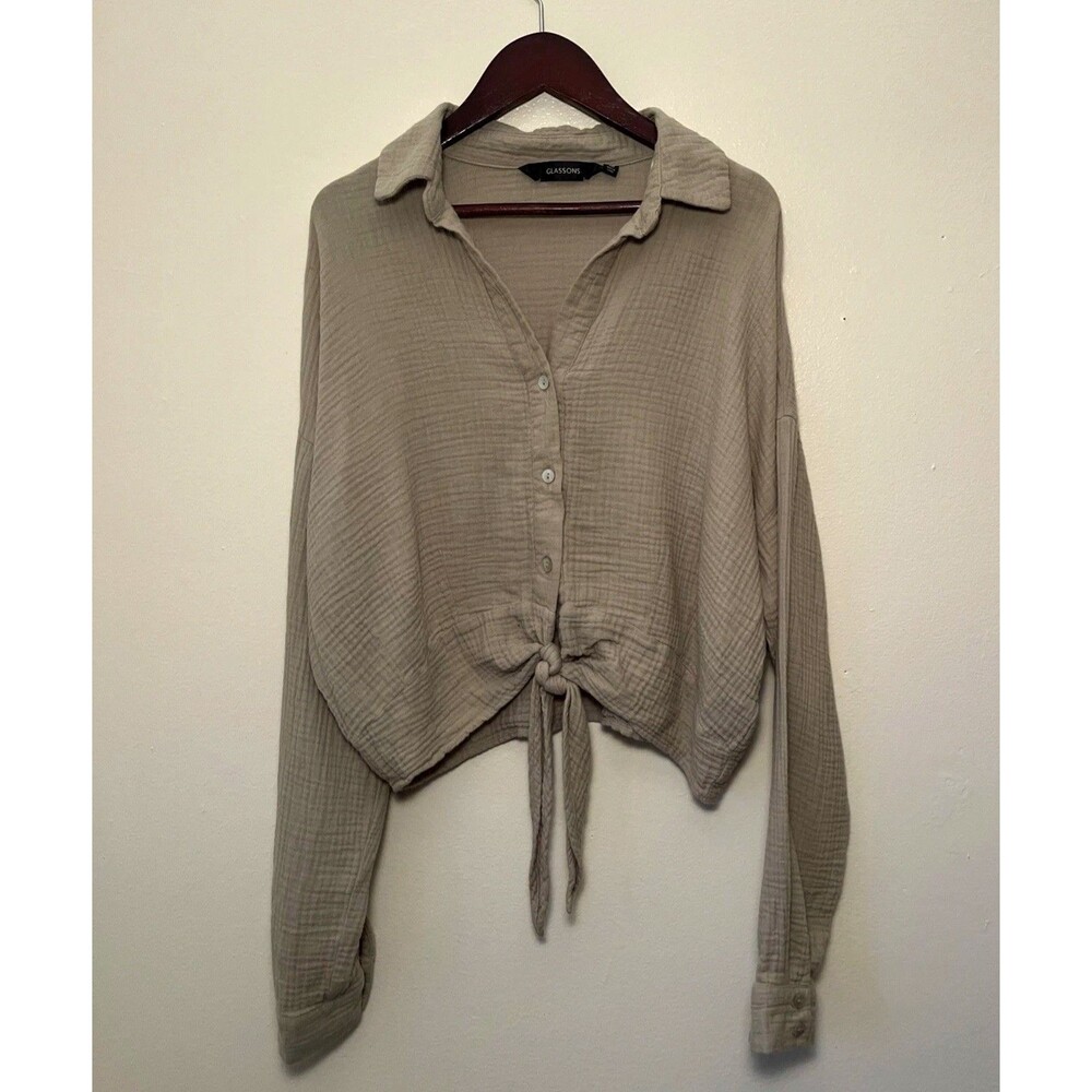 GLASSONS Collared Muslin Button Up Woven Boho Knot Blouse, Sage Green- Size 10